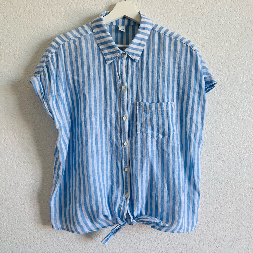 Old Navy | Tie Front Button Down Shirt | Blue/White Stripe | Size Large